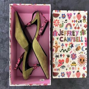 Jeffrey Campbell “Operative” green suede / pink snake, 9.5 kitten heel